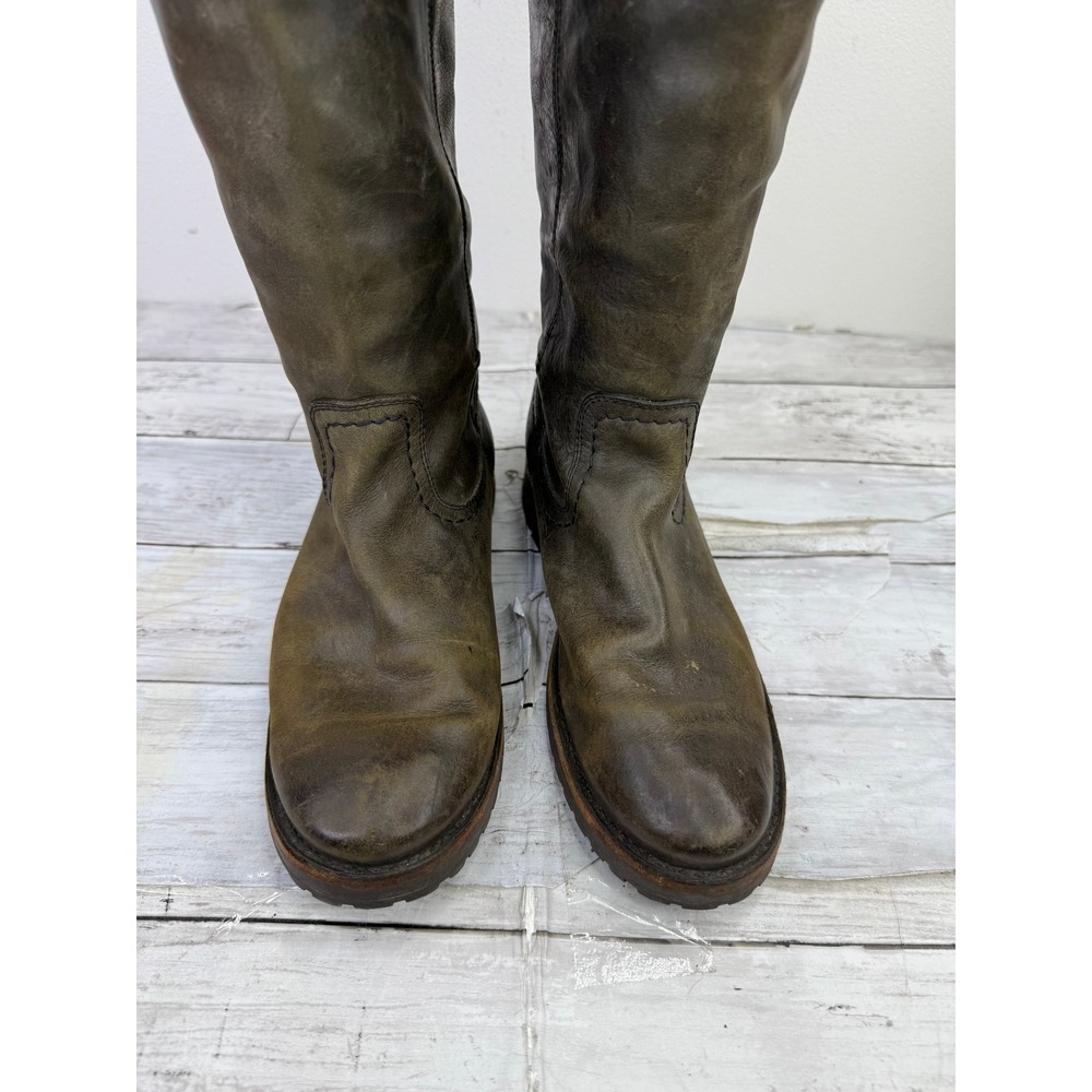 Frye Melissa Lug Tall Boots Olive Green Distressed Leather Equestrian Pull On